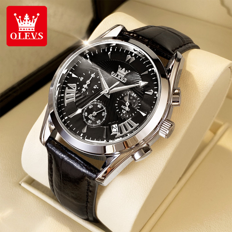 Analog Quartz Watch - นาฬิกาข้อมือผู้ชาย OLEVS แฟชั่นลำลอง ดีไซน์จับเวลา แสดงข้างขึ้นข้างแรม กันน้ำ