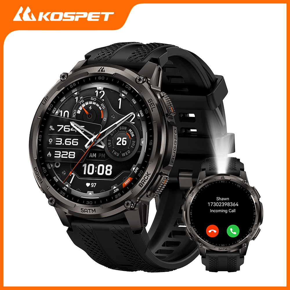Smartwatch Watches For Men With Gps - KOSPET TANK T4C สมาร์ทวอทช์นาฬิกาสำหรับผู้ชายที่ทนทานสำหรับกิจกรรมกลางแจ้งพร้อมไฟฉาย GPS แบบดูอัลแบนด์