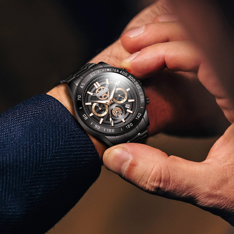 Analog Quartz Watch - นาฬิกาข้อมือผู้ชาย นาฬิกาควอตซ์ลำลองสำหรับผู้ชาย โครโนกราฟ กันน้ำ 50 เมตร