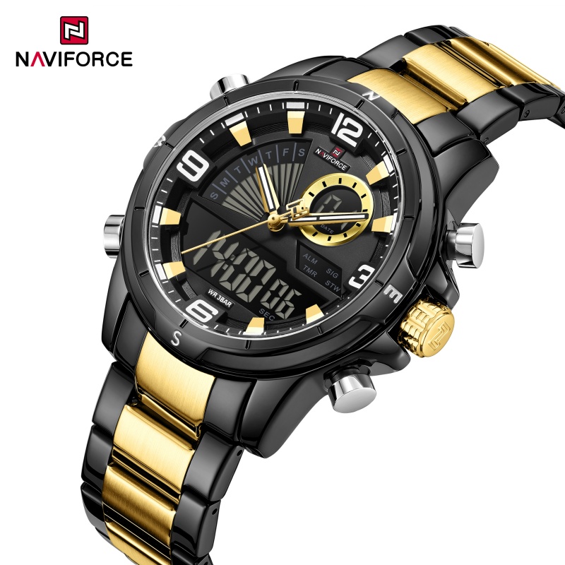Analog Quartz Watch - NAVIFORCE นาฬิกาข้อมือผู้ชายจอแสดงผลคู่ 3ATM กันน้ำ สายสแตนเลส นาฬิกาข้อมือกีฬาทหาร